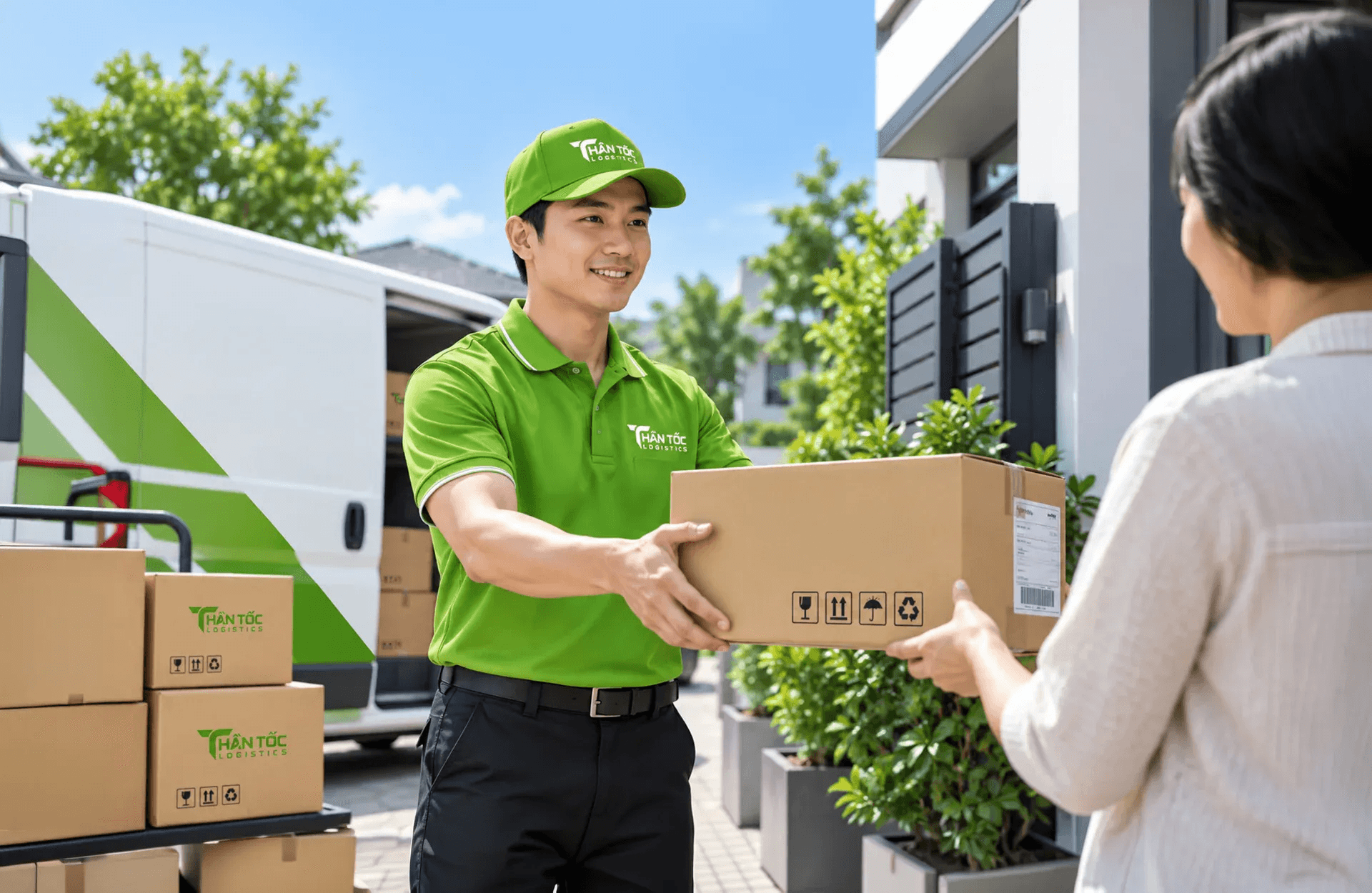 Nhân viên giao hàng trao kiện hàng cho khách hàng